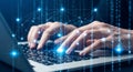 Hands Typing on Laptop with Digital Network Overlay - Technology & Cybersecurity Royalty Free Stock Photo