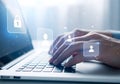 Hands typing on a laptop with digital security icons and data flow Royalty Free Stock Photo