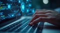 Hands Typing on Laptop Displaying Code and UI. Royalty Free Stock Photo