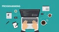 Hands typing on a laptop displaying colored code lines, depicting programming acti Royalty Free Stock Photo