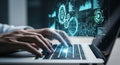 Hands typing on laptop displaying futuristic digital interface and data analytics Royalty Free Stock Photo