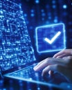Hands Typing on a Laptop, Focusing on Digital Document Approval With Futuristic Design