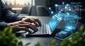 Hands typing on laptop with futuristic data interface and digital network visualization Royalty Free Stock Photo