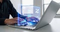 Hands typing on laptop with futuristic digital data interface overlay abstract concept Royalty Free Stock Photo