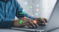 Hands typing on laptop with futuristic digital data visualization overlay and glowing network nodes Royalty Free Stock Photo