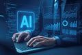 Programmer typing on laptop with AI code and data analytics interface on screen artificial intelligence Royalty Free Stock Photo