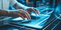 Hands typing on a laptop with glowing digital code and data overlay in blue tones Royalty Free Stock Photo