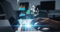 Hands typing on laptop with glowing digital data visualizations Royalty Free Stock Photo