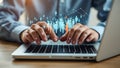Hands typing on laptop with glowing digital human figures and data visualization above Royalty Free Stock Photo