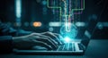 Hands typing on laptop with glowing digital network and data stream overlay Royalty Free Stock Photo
