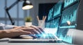 Hands typing on laptop with glowing futuristic digital interface screen displaying data Royalty Free Stock Photo
