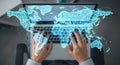 Hands typing on laptop with glowing world map overlay digital connection technology concept Royalty Free Stock Photo