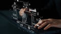 Hands Typing on Laptop with Graphics Displaying Artificial Intelligence Concepts and Data Analysis in Dark Background Royalty Free Stock Photo