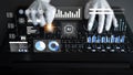 Hands typing on a laptop with high-tech data visualization graphics, artificial intelligence concepts, charts, and Royalty Free Stock Photo