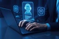 Hands Typing on Laptop with Holographic AI Chatbot Interface Floating Above artificial intelligence Royalty Free Stock Photo