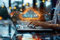 Hands Typing On Laptop, Holographic Cloud Computing Icon Above, Symbolizing Data Storage Technology Royalty Free Stock Photo
