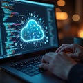 Hands typing laptop keyboard with cloud computing graphic. IT pro working on computer using programming codes, tech, network Royalty Free Stock Photo