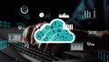 Hands Typing on Laptop Keyboard with Cloud Computing Graphics and Data Analysis Charts Representing Digital Technology Royalty Free Stock Photo