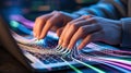 Hands typing on a laptop keyboard with digital data flowing across the screen Royalty Free Stock Photo