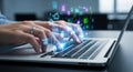 Hands typing on laptop keyboard with digital data flowing out of screen technology concept Royalty Free Stock Photo