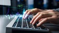 Hands Typing on Laptop with Glowing Digital Code and Data Overlay Royalty Free Stock Photo