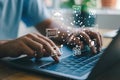 Hands typing on a laptop keyboard with digital data overlay technology concept Royalty Free Stock Photo