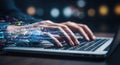 Hands typing on a laptop keyboard with digital data stream overlay Royalty Free Stock Photo