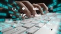 Hands Typing on a Laptop Keyboard with Digital Elements and Graphics Representing Data Analytics, Technology, and Modern Royalty Free Stock Photo