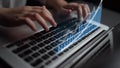 Hands typing on a laptop keyboard with digital financial graphs and data analysis projections representing growth and Royalty Free Stock Photo