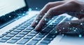 Hands Typing on Laptop Keyboard with Digital Network Overlay and Binary Code Data Processing Royalty Free Stock Photo