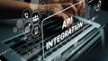Hands Typing on Laptop Keyboard with Digital Overlay Representing API Integration and Technology Concepts. Asymptotic Royalty Free Stock Photo
