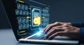 Hands typing on a laptop keyboard display showing illuminated abstract file processing automation and data flow Royalty Free Stock Photo