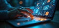 Hands typing on laptop keyboard, glowing buttons. Display shows AI-driven interface, data analysis. Developer coding, using Royalty Free Stock Photo
