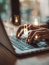Hands typing on laptop keyboard with glowing lock icons floating above, symbolizing cybersecurity and data protection in digital Royalty Free Stock Photo