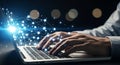 Hands typing on laptop keyboard with glowing network connection Royalty Free Stock Photo