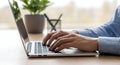 Hands Typing on Laptop Keyboard with Plant and Window Background Royalty Free Stock Photo