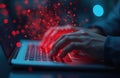 Hands typing on laptop keyboard with red digital abstract effect. AI algorithms for fraud detection. Real-time cybersecurity, Royalty Free Stock Photo