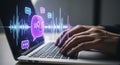Hands are typing on a laptop keyboard. On the screen, a digital illustration feature Royalty Free Stock Photo