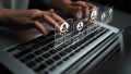 Hands Typing on Laptop Keyboard with User Profile Icons and Ratings Displayed in Virtual Interface for Digital Feedback Royalty Free Stock Photo