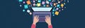 Hands typing on a laptop with multicolored digital icons representing online tools floating above. Concept of software Royalty Free Stock Photo