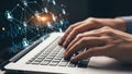 Hands typing on a laptop with network visualization Royalty Free Stock Photo