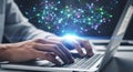 Hands typing on laptop with network visualization Royalty Free Stock Photo
