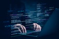 Hands typing on laptop with programming code on screen, representing software development. Perfect for coding, IT solutions, Royalty Free Stock Photo