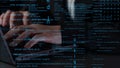 Hands Typing on Laptop Surrounded by Abstract Digital Code in Cyber Environment with Glowing Data Elements and Royalty Free Stock Photo