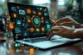 Hands Typing on a Laptop with Technology Interface Hologram Royalty Free Stock Photo