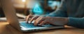 The hands typing on a laptop with a warning alert symbol displayed. AI generated image Royalty Free Stock Photo