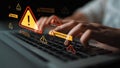 Hands Typing on Laptop with Warning Notifications and Security Alerts Displayed in Digital Environment, Emphasizing Royalty Free Stock Photo
