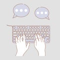Hands typing on keyboard vector cartoon illustration. Hands doing business, chatting, web communications. Royalty Free Stock Photo