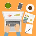Hands typing text on computer keyboard. Graph, chart, calculator Royalty Free Stock Photo
