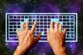 Hands typing on virtual keyboard universe and stars background.